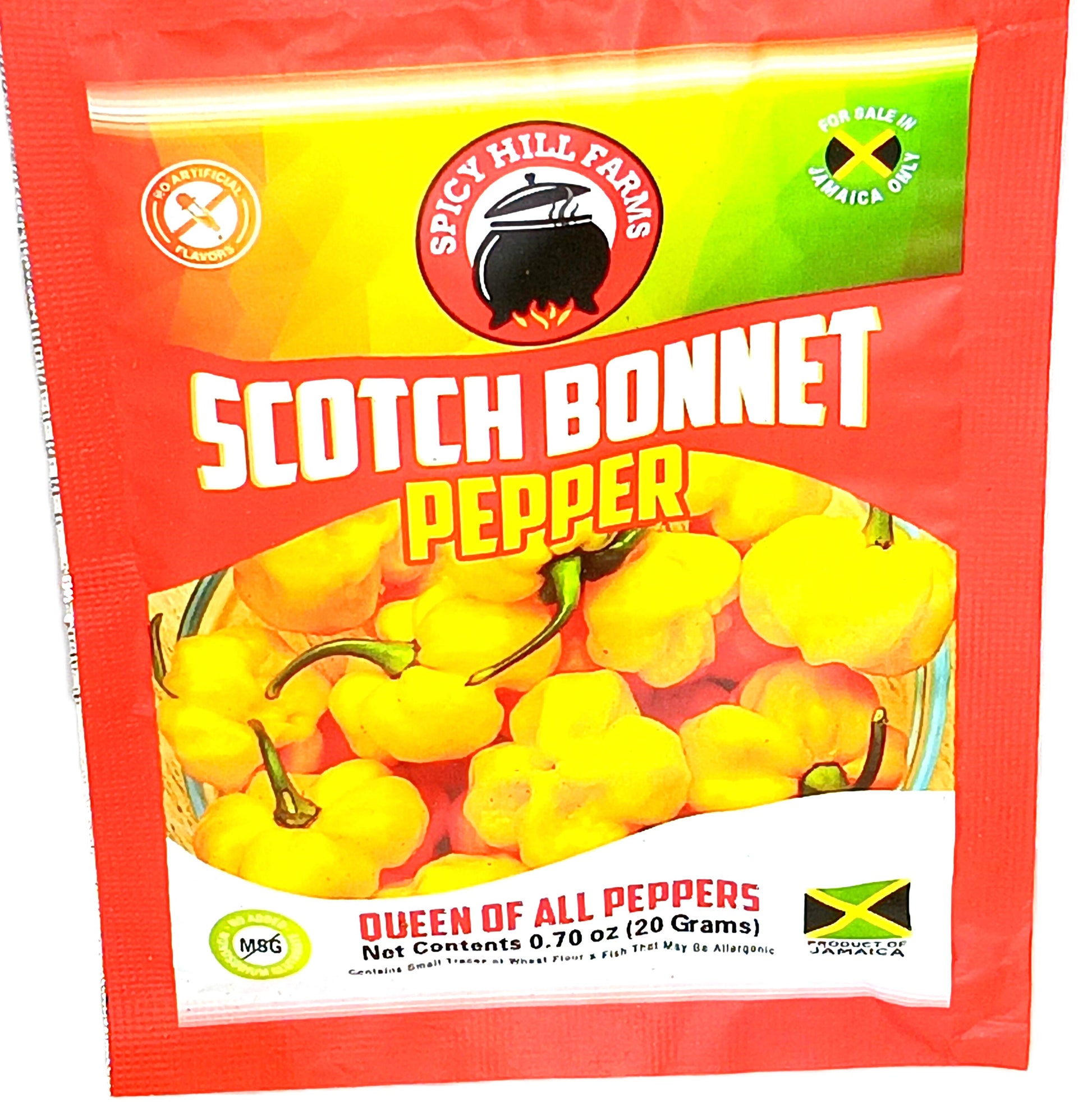 A 20g package of TOJ EXPRESS Spicy Hill Farms Scotch Bonnet Pepper features vibrant yellow peppers on the label, the tagline Queen of All Peppers, fiery spice, the Jamaican flag, and a For Sale in Jamaica Only emblem.