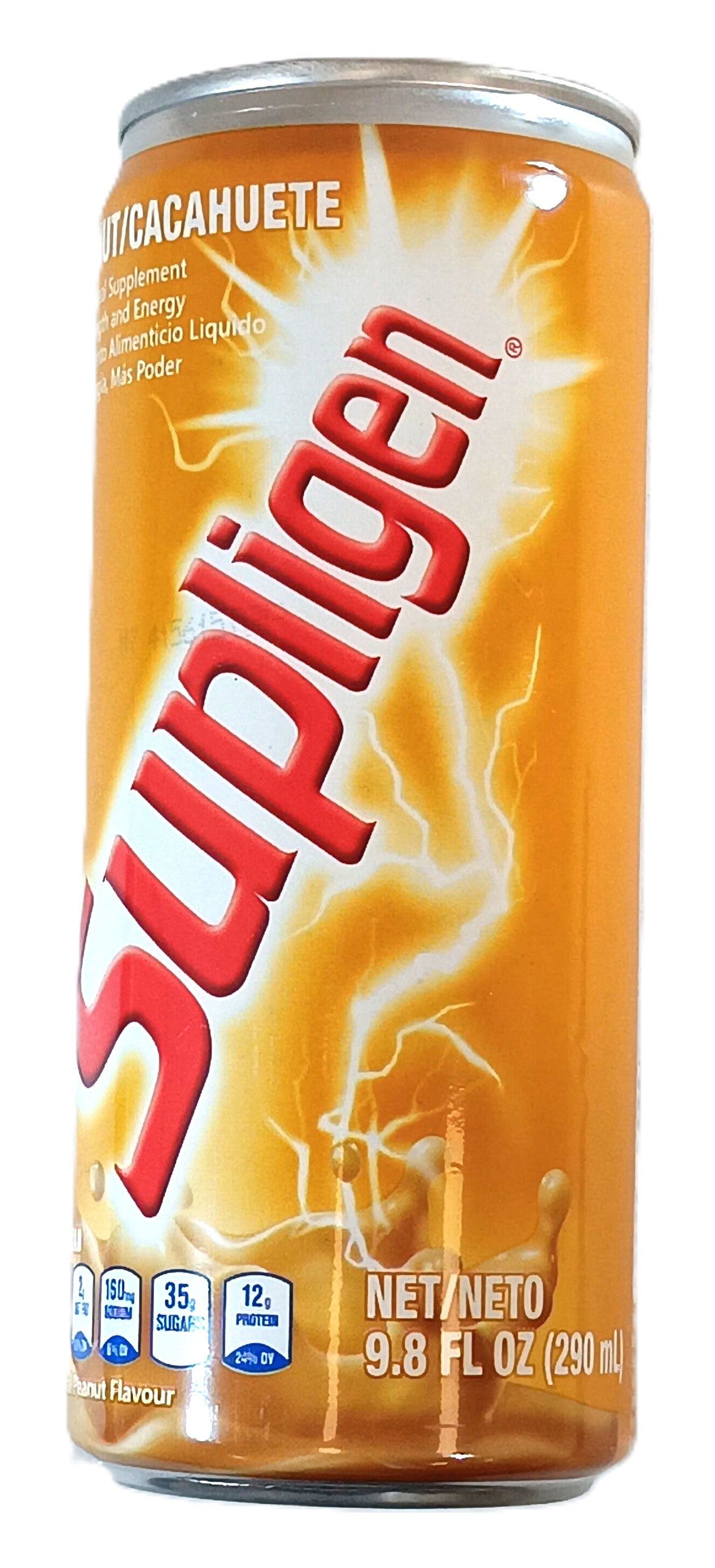 A 9.8 fl oz (290 ml) can of SUPPLIGEN Peanut Punch by TOJ EXPRESS, featuring an orange design with lightning and red lettering, offers a flavorful, nutritious beverage with 150 calories per serving along with 35% vitamins and 12% protein.