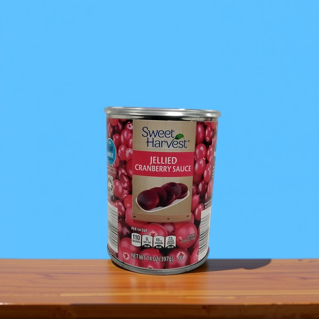 A can of TOJ EXPRESS Sweet Harvest Jellied Cranberry Sauce sits on a wooden surface beneath a blue sky, featuring images of cranberries and jellied slices on the label—perfect for brightening any holiday table.