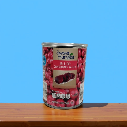 A can of TOJ EXPRESS Sweet Harvest Jellied Cranberry Sauce sits on a wooden surface beneath a blue sky, featuring images of cranberries and jellied slices on the label—perfect for brightening any holiday table.
