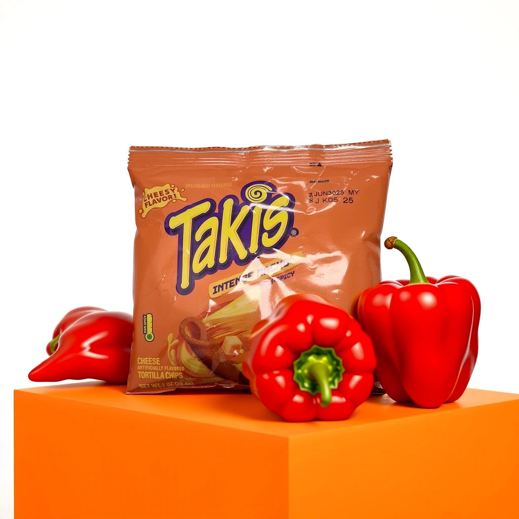 A 1oz bag of TOJ EXPRESS Takis chips, featuring intense nacho flavor, rests on an orange block beside two glossy red bell peppers. The light brown packaging with yellow text stands out against the white background, making a bold snack statement.
