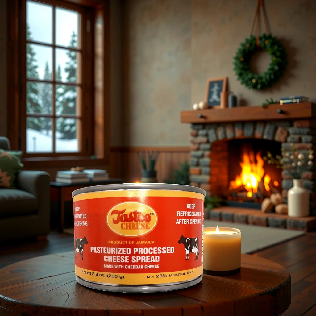 An 8.8 oz can of TOJ EXPRESS Tastee Cheese pasteurized processed cheese spread sits on a wooden table beside a lit candle in a cozy living room, featuring a stone fireplace, decorated wreath, and snow-covered window view, its flavor complementing the ambiance perfectly.