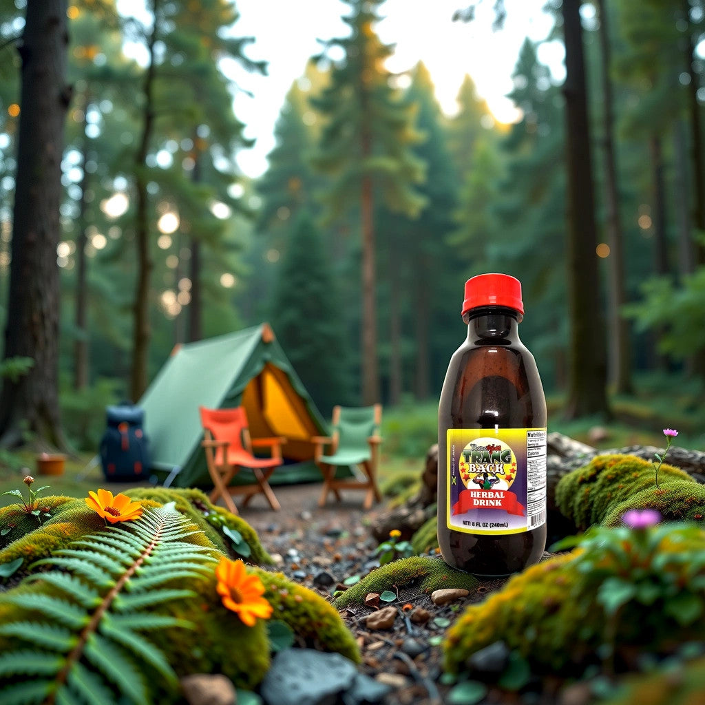 A bottle of Thomo Vybes Trang Back Herbal Drink by TOJ EXPRESS rests on a mossy rock amid ferns and flowers. In the background, a tent and chairs in a lush forest create a serene camping scene that exudes well-being with every breeze.