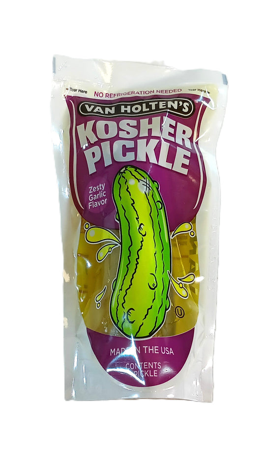 Image of a TOJ EXPRESS Van Holtens Pouched Pickle (Jumbo Kosher) package with bright purple and yellow colors. The packaging shows a cartoon pickle and highlights a zesty garlic flavor, stating No Refrigeration Needed and Made in the USA at the bottom.