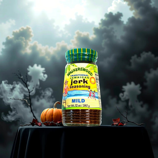 A 10 oz jar of TOJ EXPRESS Walkerswood Jerk Seasoning (Mild) features vibrant illustrations of people on a beach and lush tropical scenery.