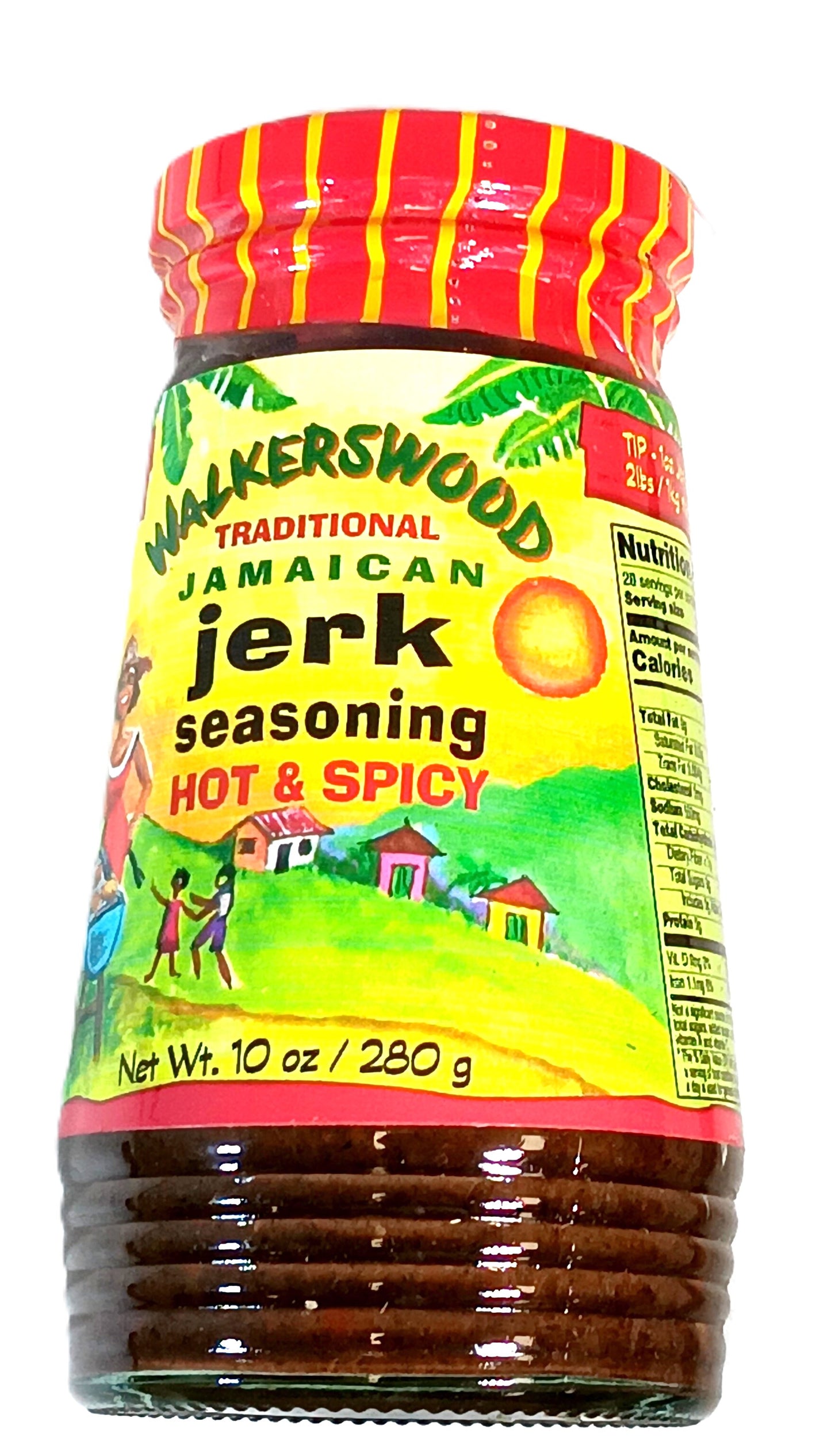 A 10 oz jar of TOJ EXPRESSs Walkerswood Jerk Seasoning (Hot) features vibrant illustrations of a sunny landscape and houses, packed with authentic Jamaican spices. Nutritional information is on the side.