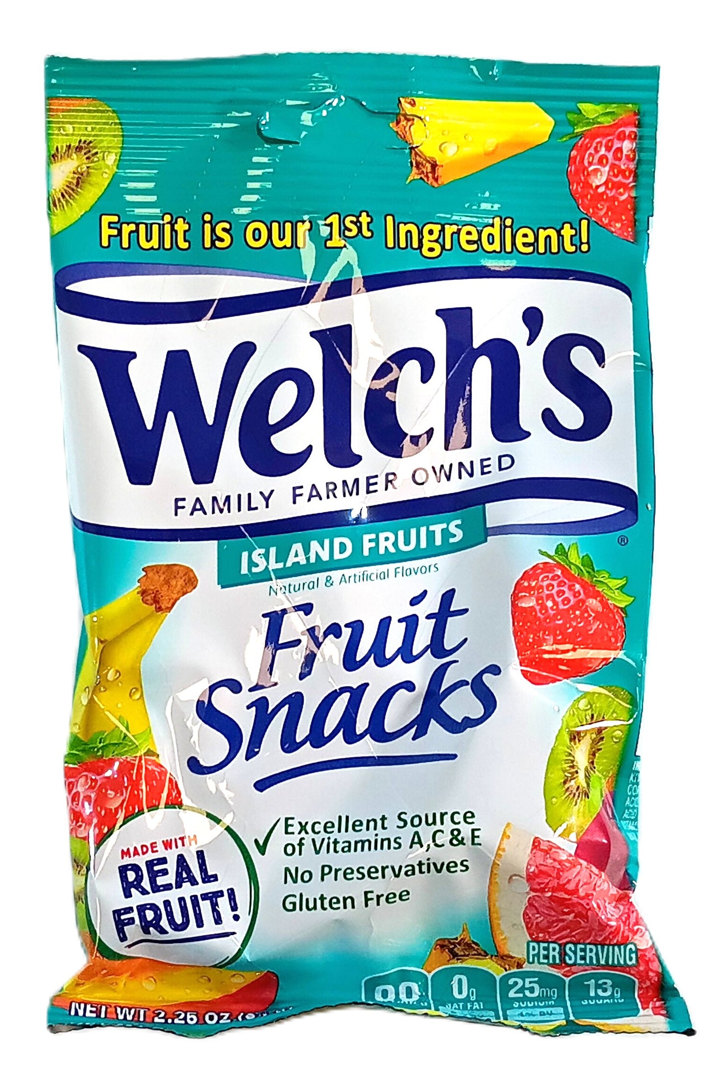 A bag of Welchs Island Fruits Fruit Snacks. The packaging highlights that its made with real fruit and is a source of vitamins A, C, and E. The bag features images of various fruits and states it contains no preservatives and is gluten-free.