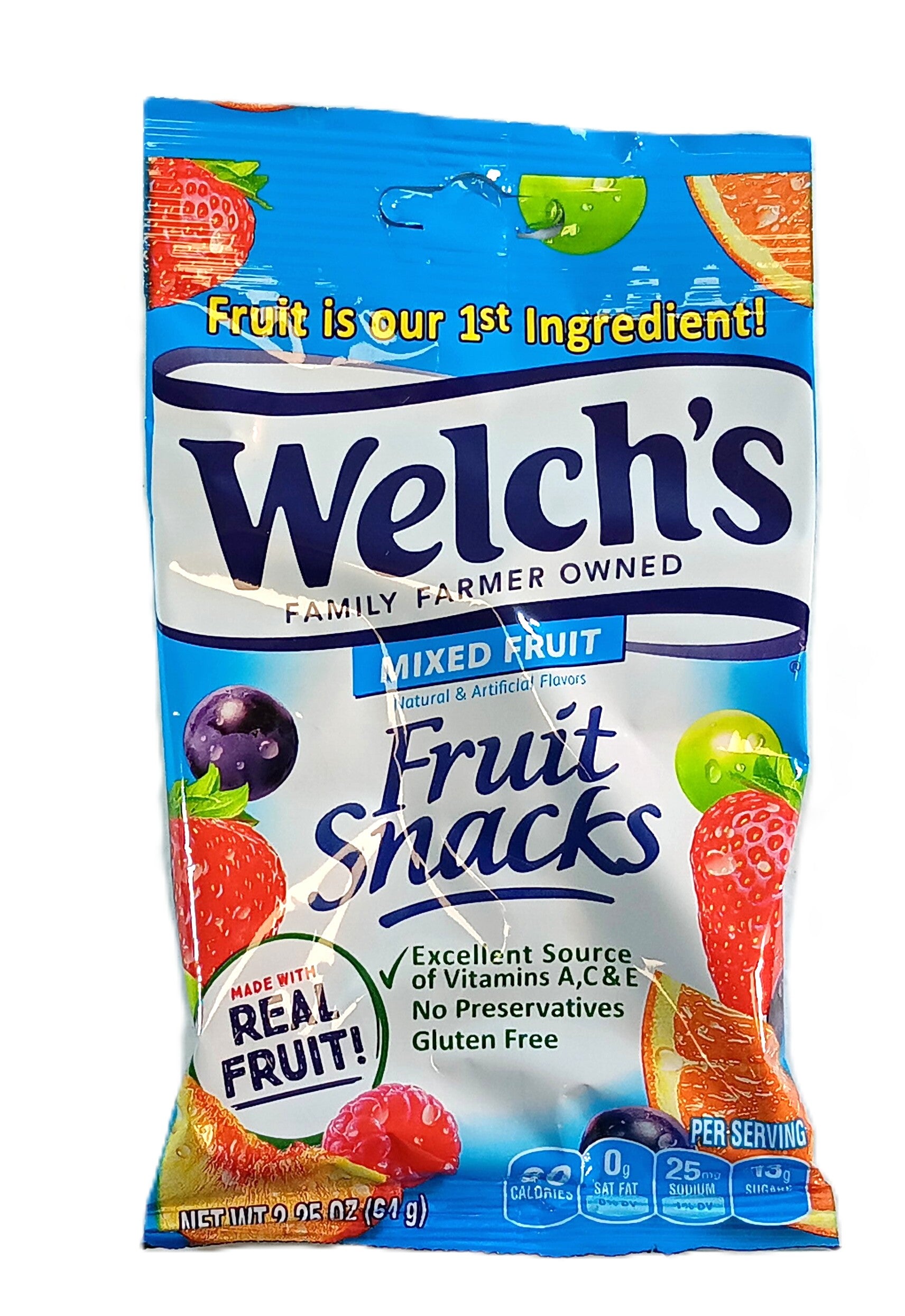 A package of Welchs Mixed Fruit Fruit Snacks. The colorful packaging features images of assorted fruits such as grapes, strawberries, and oranges. Text highlights it is an excellent source of vitamins A, C, E, gluten-free, and made with real fruit.