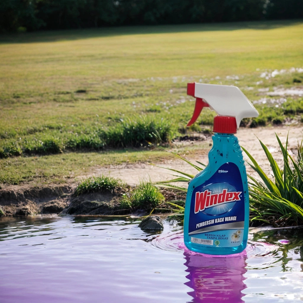A bottle of TOJ EXPRESS Windex window cleaner stands upright by a pond, reflecting in the water with grass and a lawn behind it, emphasizing its streak-free clean promise.