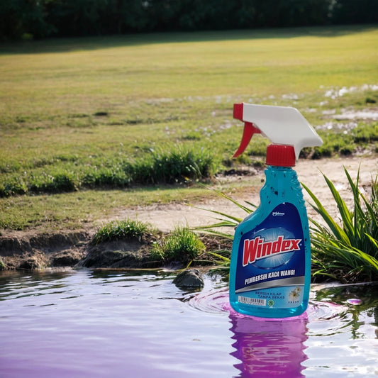 A bottle of TOJ EXPRESS Windex window cleaner stands upright by a pond, reflecting in the water with grass and a lawn behind it, emphasizing its streak-free clean promise.