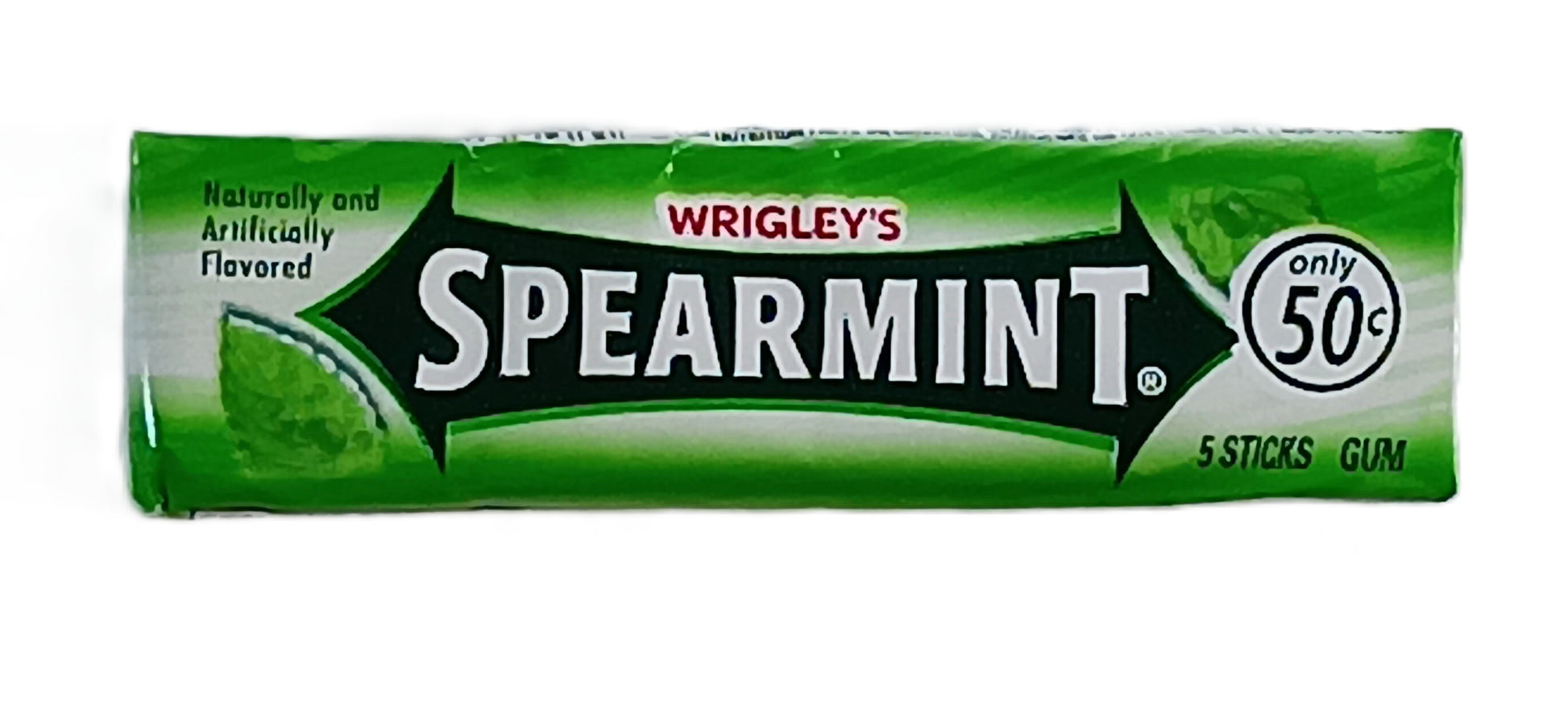 Image of a green pack of TOJ EXPRESS Wrigleys Spearmint Gum, highlighting its refreshing flavor for long-lasting enjoyment. Naturally and Artificially Flavored is on the left, only 50¢ is on the right, and the pack contains 5 sticks.