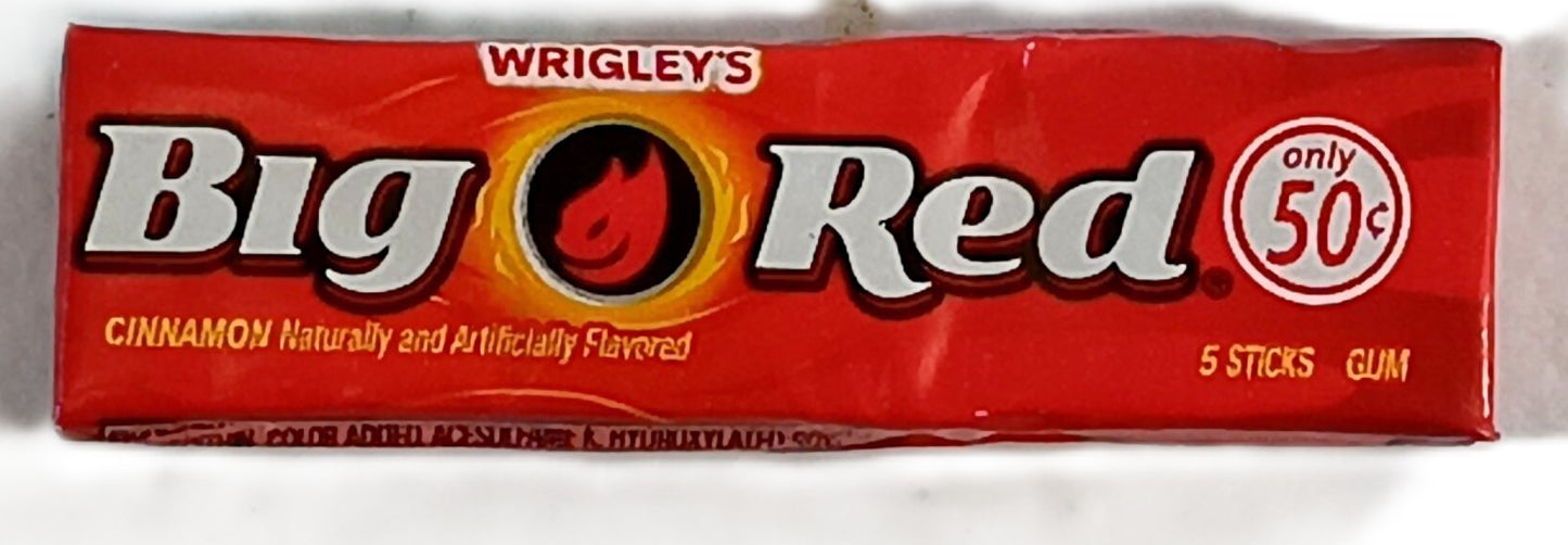 Enjoy the bold cinnamon flavor of Wrigleys Big Red Cinnamon Gum by TOJ EXPRESS. The red pack, priced at 50¢, contains five sticks and features a striking flame design to freshen your breath anytime.