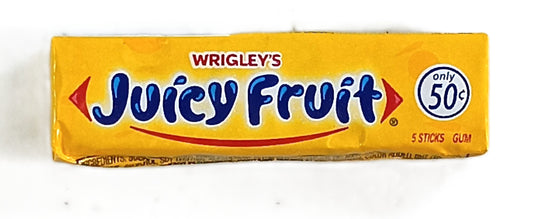 A pack of TOJ EXPRESS Wrigleys Juicy Fruit Chewing Gum in a yellow wrapper featuring only 50¢, offers a delicious fruit flavor with 5 sticks.