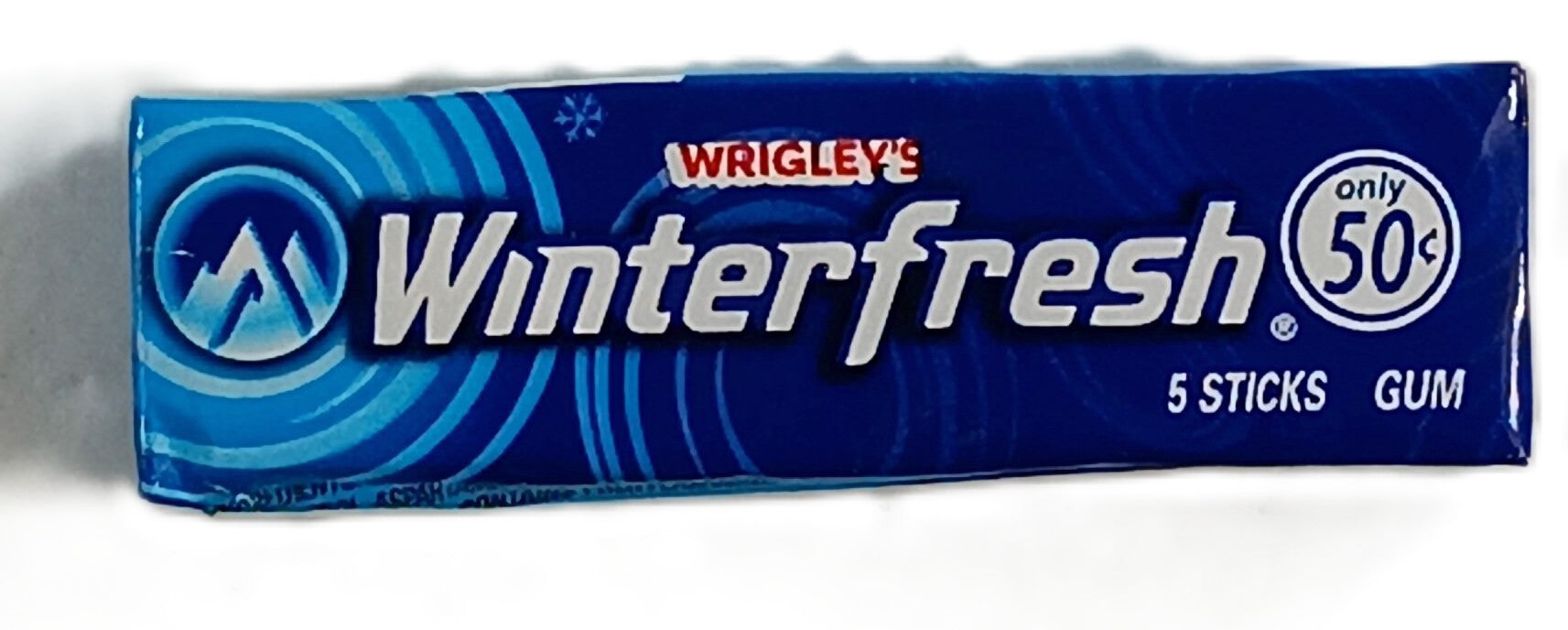 TOJ EXPRESSs Wrigleys Winterfresh Gum offers an icy freshness with its blue design featuring a mountain icon. Each 5-stick pack, priced at 50 cents, ensures fresh breath in every chew.