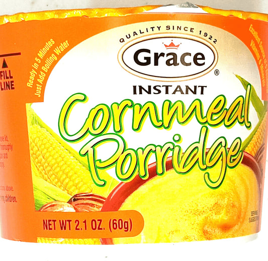 A 2.1 oz (60g) pack of TOJ EXPRESS Grace Cornmeal Porridge - Sweet Cornmeal Breakfast shows corn and porridge on the packaging. Ready in 5 minutes—just add boiling water for a quick meal made with quality ingredients.