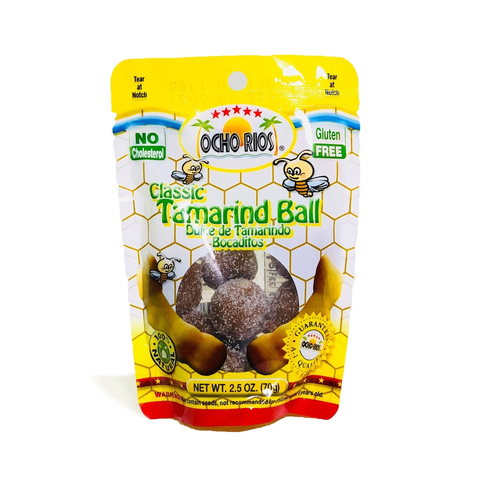 My Store Ocho Rios Tamarind Balls - Bold Tangy Sweet Treat come in a yellow, clear resealable bag labeled gluten free and no cholesterol, showing sweet-and-sour sugared tamarind inside. Net weight: 2.5 oz (70g).