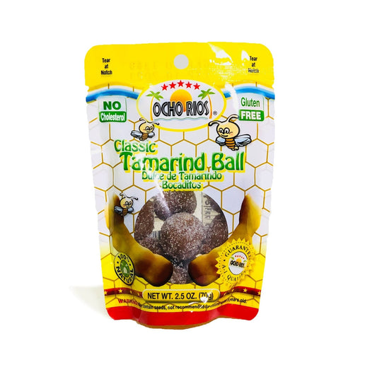 My Store Ocho Rios Tamarind Balls - Bold Tangy Sweet Treat come in a yellow, clear resealable bag labeled gluten free and no cholesterol, showing sweet-and-sour sugared tamarind inside. Net weight: 2.5 oz (70g).