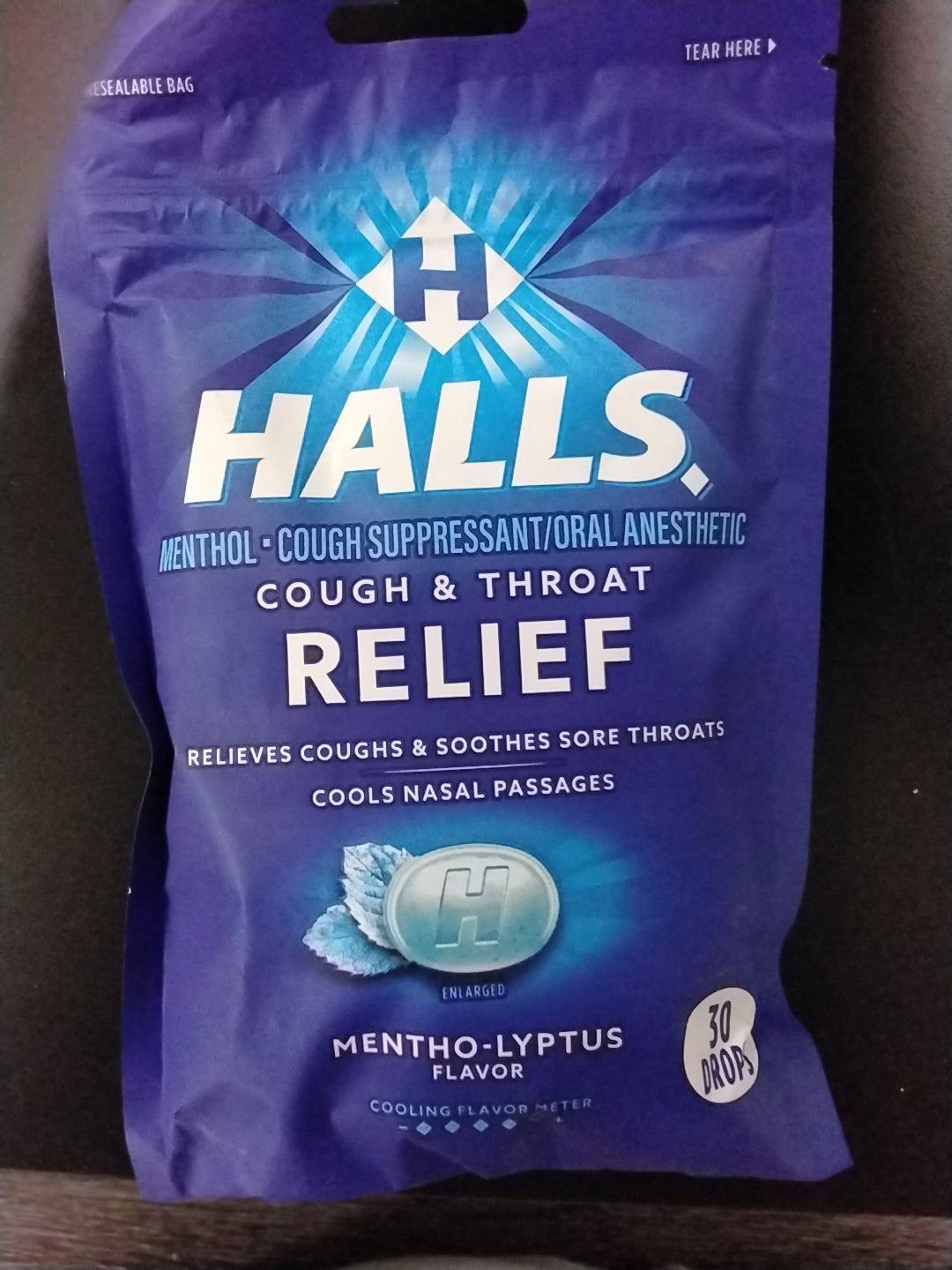 A blue resealable bag of TOJ EXPRESS Halls Menthol Cough Drops 30 ct offers soothing cough and throat relief with a refreshing menthol flavor, helping to relieve sore throats and irritation.