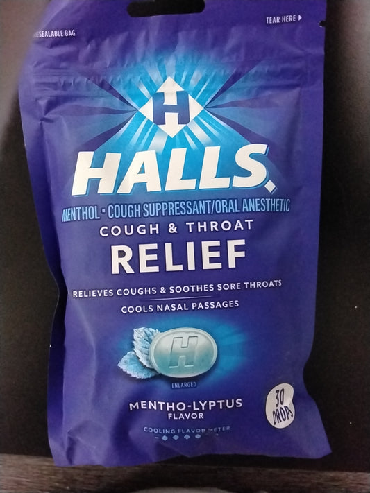 A blue resealable bag of TOJ EXPRESS Halls Menthol Cough Drops 30 ct offers soothing cough and throat relief with a refreshing menthol flavor, helping to relieve sore throats and irritation.