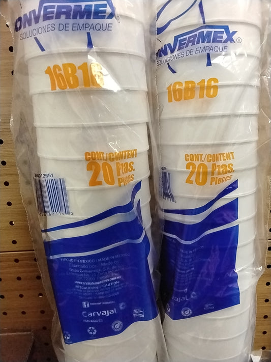 Two packages of TOJ EXPRESS Vaso Termico Foam Cups (16 oz, 20 count each) are displayed upright on a pegboard shelf. The packaging features blue and orange text.