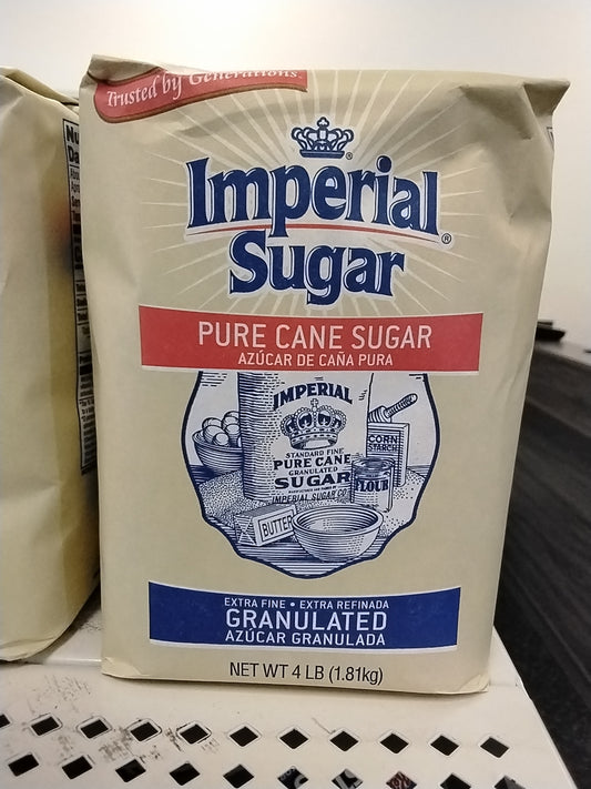 A 4-pound bag of TOJ EXPRESS Imperial Cane Sugar features a cream and blue design, red label, vintage baking illustration, and bilingual English-Spanish text. This is granulated cane sugar.